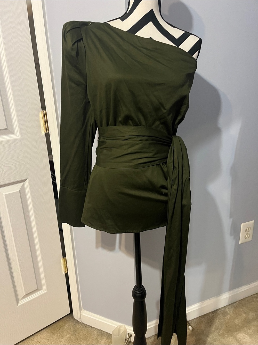 New York & Company Olive One-Shoulder Wrap Waist Top